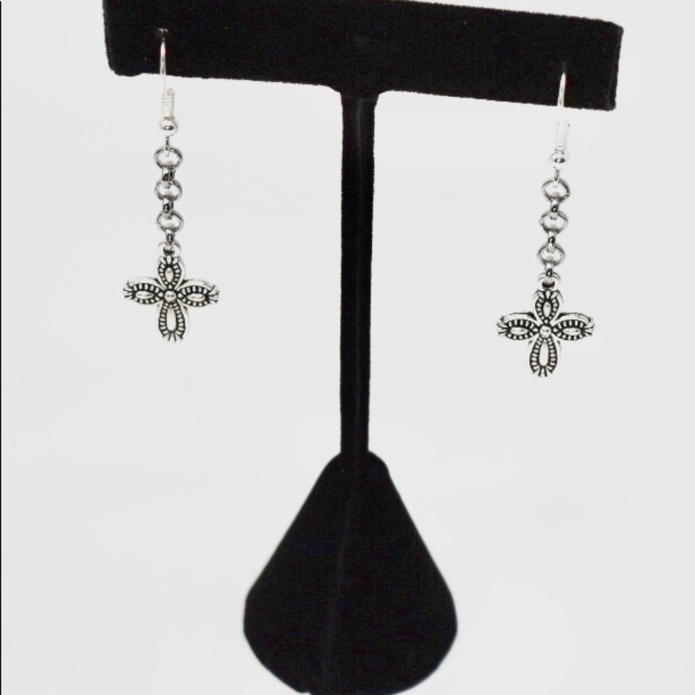Antique Silver Finish Earrings with Cross